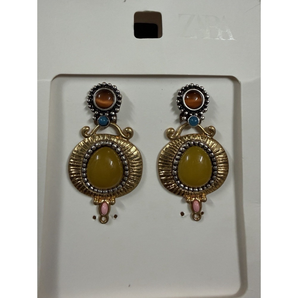 Zara Gold Silver Textured Gems Dangle‎ Earrings Bohemian Artsy Western Hippie
